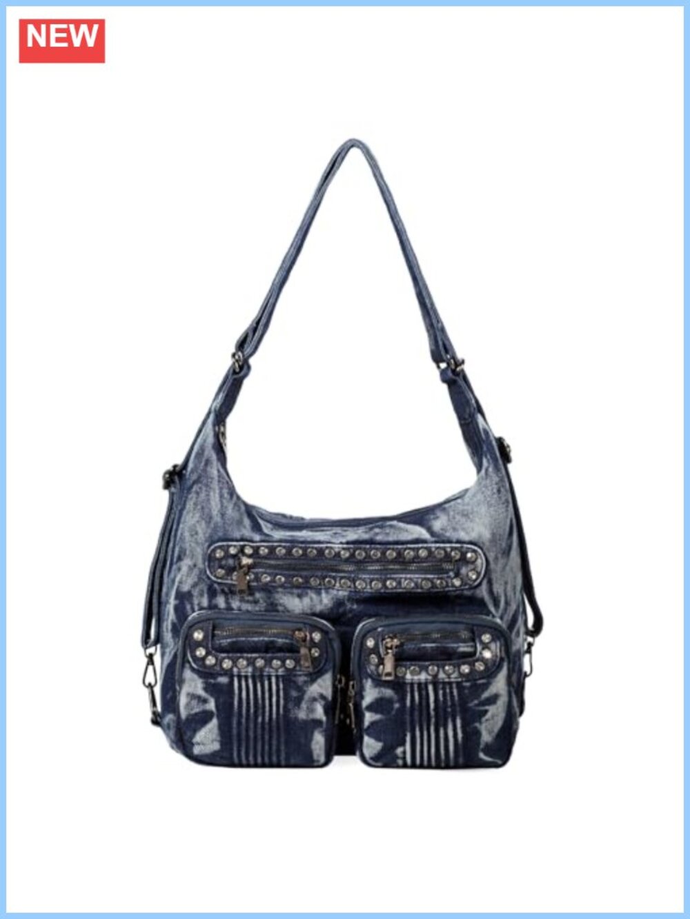 Washed Denim Crossbody Bag Convertible Shoulder Handbag PU Leather Strap